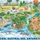 Dies ist eine bunte Tierwelt-Illustration mit nummerierten Tieren. Text: "ASIEN, AUSTRALIEN, ANTARKTIS."