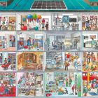 Oben: Text auf Tafel "H₂CO...CH₃".
Illustration eines Hauses mit verschiedenen Berufen in jedem Raum.