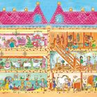 Illustration eines Puppenhauses mit mehreren Etagen, gefüllt mit Figuren, Möbeln und Aktivitäten in jedem Raum.