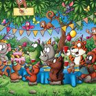 Ein fröhliches Fest im Dschungel mit bunt geschmückten Tieren an einem Tisch, Luftballons und Wimpel in den Bäumen.