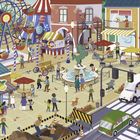 Illustration eines belebten Stadtplatzes mit Riesenrad, Marktständen, Brunnen und spielenden Kindern.