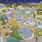 Ein bunter Zoo mit Pandas, Löwen, Giraffen, Elefanten, Pinguinen, Kamelen und mehr; nachtbeleuchtet mit einem Sternenhimmel.