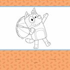 Ein cartoonartiger Hund mit Regenschirm und Rucksack, fröhlich in einer Pose, auf einem orange-gemusterten Hintergrund.