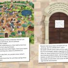Texte: 

Links: 
1. „Auf der Waldlichtung vor ihnen entdecken Hannah und Jonas...“
2. „...diesem Ort.“
3. „...Oskar springt ihnen fröhlich entgegen.“

Rechts:
1. „Plötzlich hört Jonas etwas und dreht sich um.“
2. „...Achtung, das Tor schließt sich!“, ruft er.“
3. „Auch Hannah entdeckt etwas:...“
4. „...entdecken eine Inschrift auf dem Torbogen.“

Inschrift auf dem Torbogen: 
„GEFANGEN WIRST DU...STUECK FUER STUECK DAS ZAUBERWORT...“ 

Szenenbeschreibung: 

Links eine Illustration eines kleinen Dorfes mit Bäumen und Mauern. 

Rechts eine Holztür mit einem Puzzlemuster.