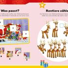 "Was passt?" und "Rentiere zählen" mit Illustrationen von Weihnachtsmann, Kindern, einem Schlitten und Rentieren.