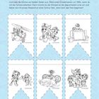 "GRILANDE" Bastelanleitung, drei ausgeschnittene geometrische Zeichnungen, je mit zwei Charakteren, darunter Pfotenmotive.