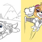 Links: Ein Hund mit Rucksack in den Bergen. Rechts: Ein fröhlicher Hund mit Fliegerkappe fliegt vor gelbem Hintergrund.