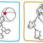 Links ein fröhliches Monster mit Ball, rechts ein nachdenkliches großes Monster, beide schwarz-weiß umrandet.