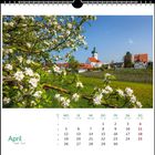 Kalenderblatt April. Blühender Obstbaum, grünes Feld, Kirche und Häuser im Hintergrund bei klarem Himmel.