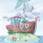 Eine fantasievolle Illustration: Ein Schiff auf einer kleinen Insel, umgeben von Fischen und Pflanzen, mit einer Palme.