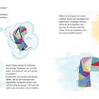 Links steht: „Eines Tages bemerkte die Lehrerin die tiefe Traurigkeit in Wollis Augen..." Daneben ist eine traurige, blaue Figur mit roten Haaren. Rechts: Bunte und graue Fäden visualisieren Gedanken.