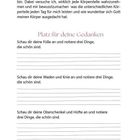 Seite mit Notizzeilen für Gedanken über Körperteile: Füße, Waden, Knie, Oberschenkel und Hüfte. Oben laufender Text.