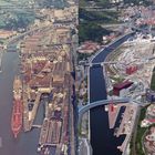 Links: "Abandoibarra (etwa 1960)", Werft, Hafenanlagen. Rechts: "Abandoibarra (2003)", Stadtentwicklungsgebiet im Prozess.