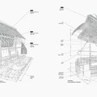 Illustration zweier Strohhütten mit architektonischen Beschriftungen und Details.