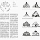 Seite 26: Grundriss mit 1: Herd bis 8: Hausaltar. Seite 27: Illustrationen von verschiedenen Jurtenkonstruktionen.