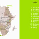 Text: "Diary" mit Reisedaten in Afrika. Links eine Karte von Afrika mit Ländernamen. Reise beginnt in Südafrika, endet in Ägypten.