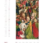 Kalender für Juni 2027 mit Tagen und Wochen. Bild: Mittelalterliche Szene mit vielen Menschen und einem Pferd.