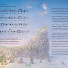 "Ihr Kinderlein kommet" mit Noten und Texten des Weihnachtsliedes. Illustration einer Krippe mit Figuren und Engeln am Himmel.