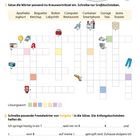 Text: "Fremdwörter sind Wörter, die aus anderen Sprachen ins Deutsche aufgenommen wurden."  
Illustration eines Kreuzworträtsels mit Bildern.