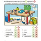 **Aussagen zu einem Bild**  
1. Buntstifte  
2. Hausschuhe  
3. Papierkorb  
4. Heft  
5. Buch  
6. Lineal  
7. Obst  
8. Schulranzen  

Darstellung eines Schreibtischs mit verschiedenen Schulutensilien.