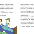 Text in zwei Spalten, Erzählung über ein Kind, das Geld versteckte. Illustration: Kind mit Hut schaut auf eine schlafende Person.