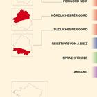Ein Diagramm zeigt Karten der Region Périgord in Rot. Text: Land und Leute, Périgord Noir, Nördliches/Südliches Périgord.
