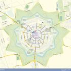 Stadtkarte von Palmanova. Zeigt Straßen, Plätze und Befestigungsanlagen in sternförmiger Anordnung um "Piazza Grande".