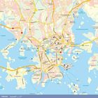 Karte von Helsinki mit Straßen, Bezirken, Gewässern und Orten wie Kallio, Kamppi, Töölö und dem Flughafen Helsinki.