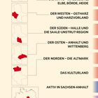 Karte mit Städtenamen wie Magdeburg, Halle, Berlin. Zeigt Straßen und Naturparks in Sachsen-Anhalt und Umgebung.