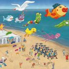 Illustration: Bunte Drachen in Tierform fliegen am Strand, Menschen kümmern sich um sie, und eine Kapelle spielt Musik.