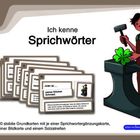 "Ist eine Illustration. 
Text: Ich kenne Sprichwörter. 
Jeder ist... seines Glückes Schmied.
Illustration mit Amboss und Kleeblatt."