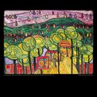 "La pluie tombe loin de nous tombe la pluie – The rain falls far from us falls the rain, 1970." Bunte Illustration von Bäumen.