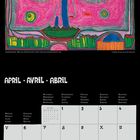 APRIL · AVRIL · ABRIL. Unten: Wochenbeginn mit Montag. Illustration: Abstraktes Gesicht mit bunten Spiralmustern.