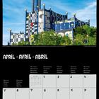Text: APRIL • AVRIL • ABRIL. 
Darüber kunstvolles Gebäude mit buntem Mosaik und goldener Kugel auf einem Turm. Darunter Kalender.