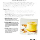 „Goldene Milch“: Ein wärmendes Getränk mit Kurkuma und Ingwer. Tipps: Kurkuma mit Fett kombinieren, Honig vorsichtig erhitzen. Rechts ist ein Glas gelbe Milch. QR-Code unten rechts.