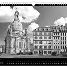 "Frauenkirche auf dem Neumarkt, April. Kalender mit Datum unten. Barockkirche, historische Gebäude, Statue, Wolken."