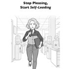 "Frühling. Stop Pleasing, Start Self-Leading." Frau läuft durch Büro, hält Schokolade und Notizbuch, besorgt. Illustration.