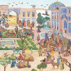 Illustration eines belebten orientalischen Marktplatzes mit Menschen, Tieren, fliegendem Teppich und bunten Gebäuden mit Mosaiken.