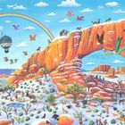 Illustration eines bunten Canyons mit fliegenden Ballons, Tieren, Regenbogen und Menschen in traditioneller Kleidung.