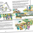 Seitenzahlen 16 bis 21, Kinder arbeiten im Schulgarten, pflanzen und ernten Gemüse. Bunte, fröhliche Szenen.