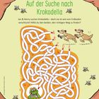 Text: „Auf der Suche nach Krokodella. Jan & Henry suchen Krokodella...". Illustration: Labyrinth, zwei Tiere, viele Bienen.