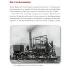 Text: Die erste Lokomotive. Beschreibung über die Entwicklung der Dampfkraft. Bild einer alten Dampflokomotive, Personen daneben.