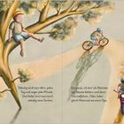 Zwei Texte: Einer über das Älterwerden, ein anderer über das Lernen. Kind sitzt auf Baum, eines fährt Rad, ein weiteres Motorrad.