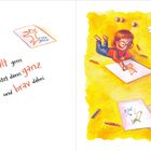 Text: Jessie malt gern und Julie sitzt dann ganz still und brav dabei.

Ein Kind malt auf dem Boden, ein Hund sitzt daneben. Auf dem Boden liegen Zeichnungen und bunte Stifte.