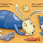 Text: „Willst du kuscheln?“, fragt der Hase. „Nein, stopp!", antwortet die Maus. Illustration: Ein Hase und eine Maus.