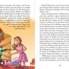 Doppelseite mit Text, Illustration: Ein Mädchen und ein Zwerg. Der Zwerg trägt einen Schlüssel. Geräusch: "POOOF!"  Im Hintergrund eine Tür.