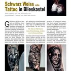 "Schwarz Weiss Julia Tattoo in Blieskastel" mit Fotos von Tattoos und einer tätowierten Frau, Fokus auf Studioführung.