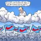 Eine Person erscheint auf Wolken mit dem Text: "Ich war der erste Bundeskanzler. Hoffen wir, dass Friedrich nicht der letzte ist". Darunter blaue Flaggen.