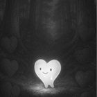 Ein leuchtendes Herz mit Gesicht strahlt in einem dunklen Wald, umgeben von gebrochenen und geflickten Herzen.