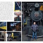 Texte: "ANGLE", "Die Eisenbahningenieurin", "SAFETY FIRST". 

Links: Geschichte über eine Eisenbahningenieurin namens Angie.

Rechts: Frau steht vor einer Dampflok in einer Halle. Mehrere Aufnahmen von Zügen und Innenräumen.